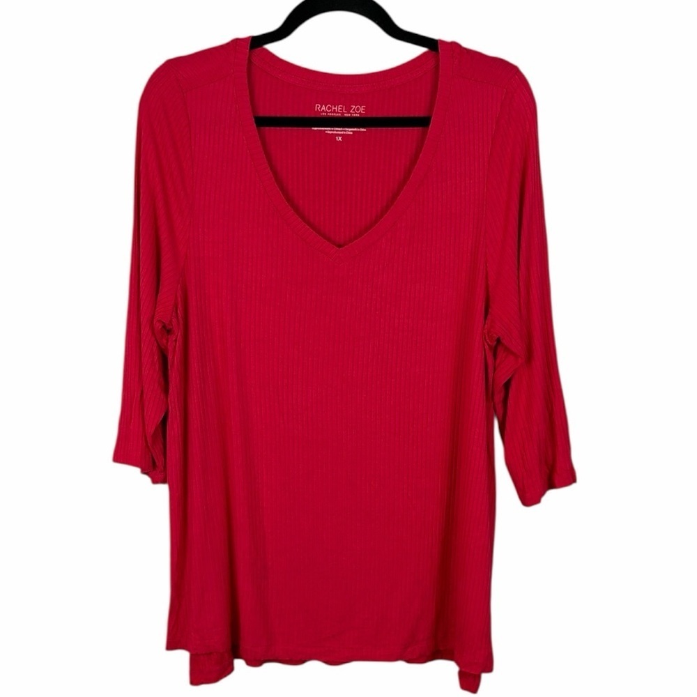 Rachel Zoe Ribbed V-Neck Top 1X Pinkish Red  3/4 Sleeve Stretch Blouse Casual